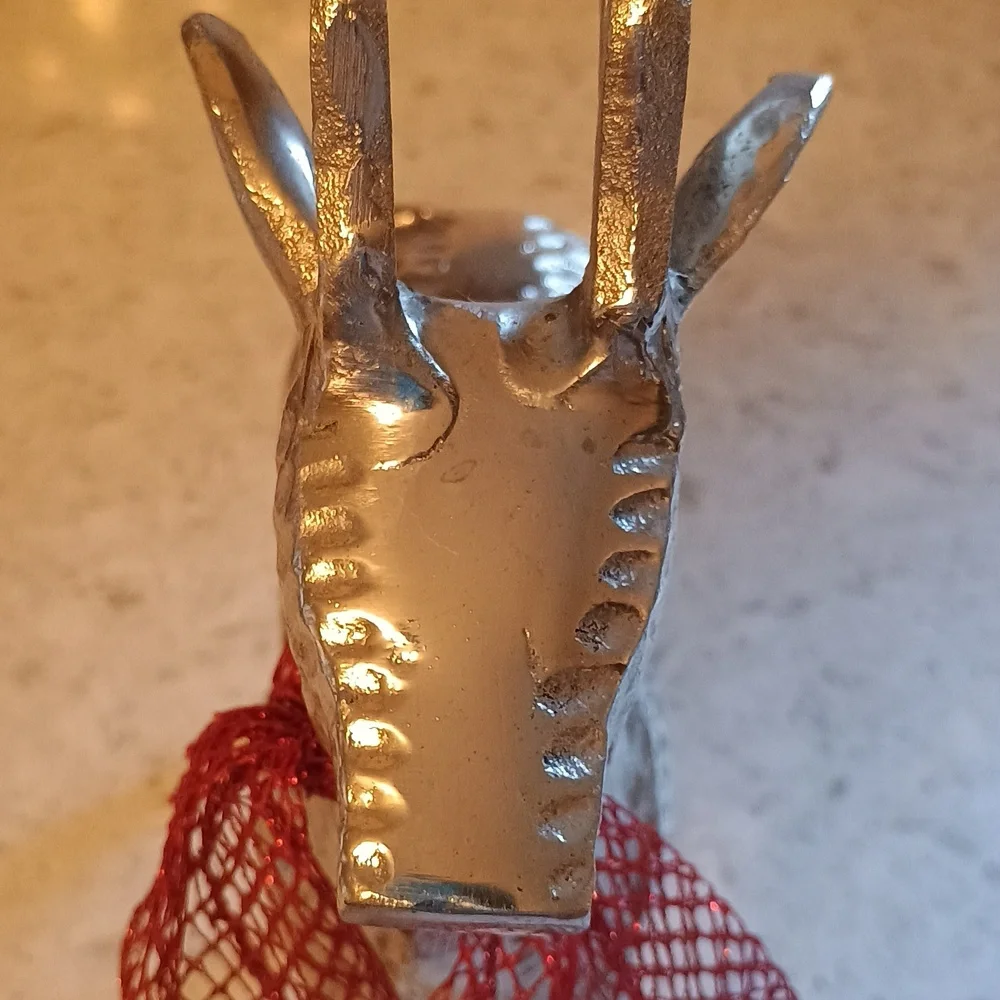 Pier 1; 14 Inch Silver Metal Reindeer Figurine & Red Scarf And Felt Pads On 🐾